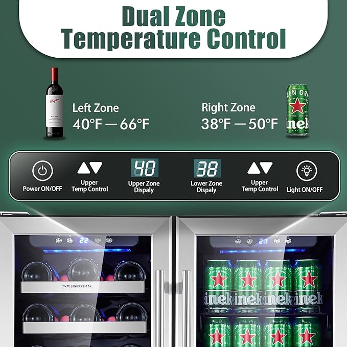 Phiestina Wine and Beverage Refrigerator, 30 inch Dual Zone Wine Fridge with Glass Door 33 Bottles & 100Cans, Built-in or Freestanding Beer Drink Wine Cooler with Blue LED Light