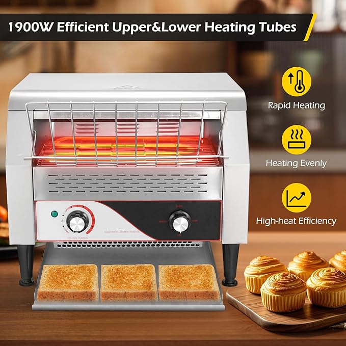 Dyna-Living Commercial Conveyor Toaster 450 Slices/Hour Restaurant Conveyor Toaster for Bun Bagel Bread, 1900W Heavy Duty Stainless Steel Commercial Toasters Bun Toasters