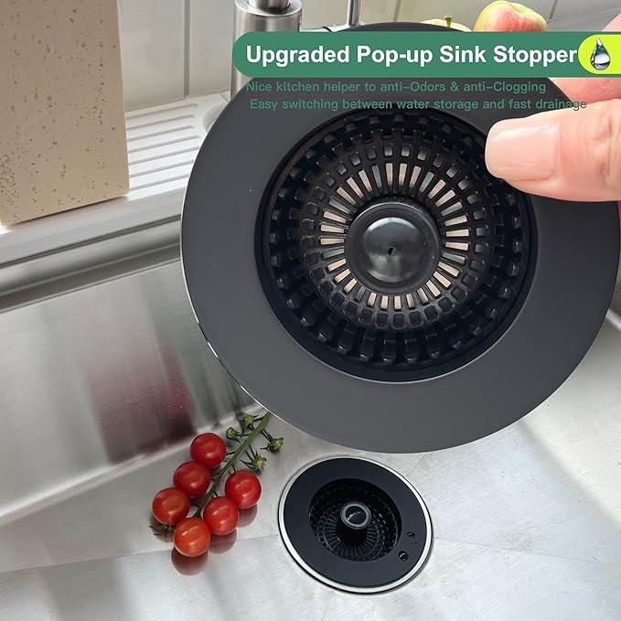 Sink Drain Strainer, 3 in 1 Kitchen Sink Drain Strainer, Kitchen Sink Stopper, Sink Drain Stopper, Sink Strainer with an Extra Anti-Clog Basket for US Standard 3-1/2'' Sink Hole, Brass Material Black