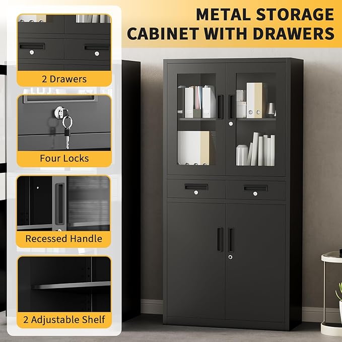 Metal Garage Storage Cabinet 72" with Locking Doors & 2 Drawers, Heavy Duty Mobile Tool Organizer with 3 Adjustable Shelves, File Cabinet for Home, Office, Workshop, Rolling Locker
