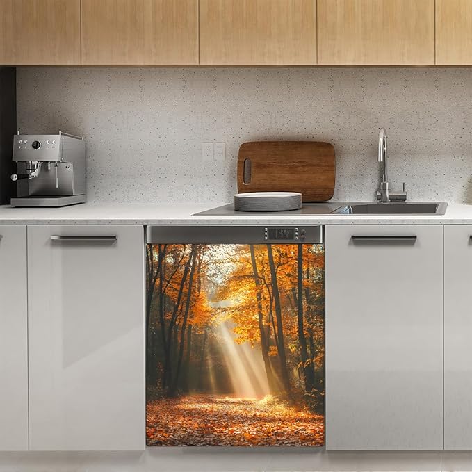 Dishwasher Magnet Cover Front Dishwasher Cover Decoration Reusable Magnetic Door Cover Panel Decal Home Appliances Stickers Kitchen Refrigerator Fridge Autumn Golden Forest 23"x26"