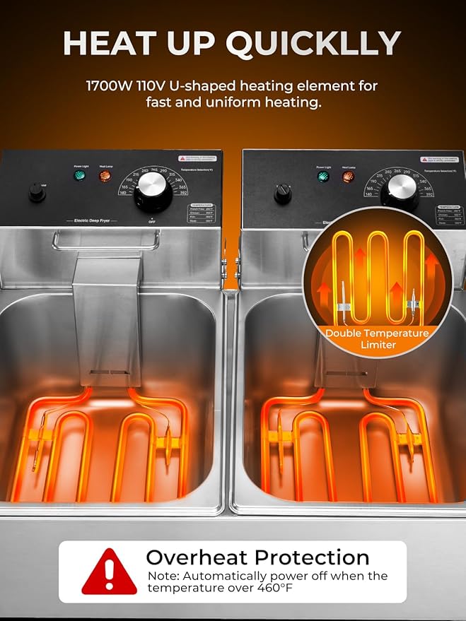 Commercial Deep Fryer with Basket, 3400W 20.7Qt Dual Tank Deep Fryer with Temperature Control, Large Capacity Stainless Steel Electric Countertop Fryer for Restaurant or Home Use
