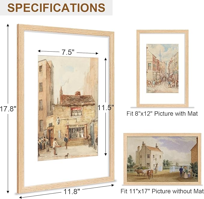 Vittanly 11x17 Picture Frame, Solid Wood Frame with Plexiglass, Includes 8x12 Mat, Wall Hanging for Photos, Home Decor, Natural, 1 Pack
