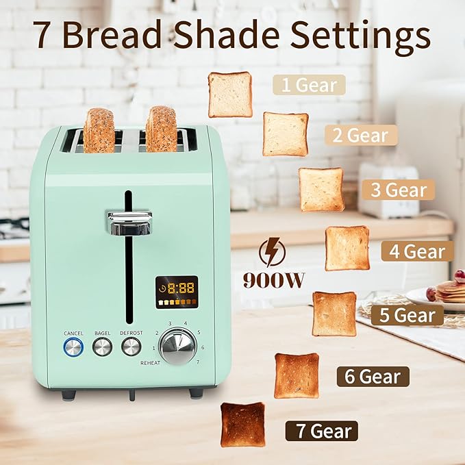 SEEDEEM 2 Slice Toaster With Color LCD Display - Stainless Steel, 7 Bread Shade Settings, 1.4'' Wide Slots, Bagel/Defrost/Reheat Functions, Removable Crumb Tray, 900W, Mint