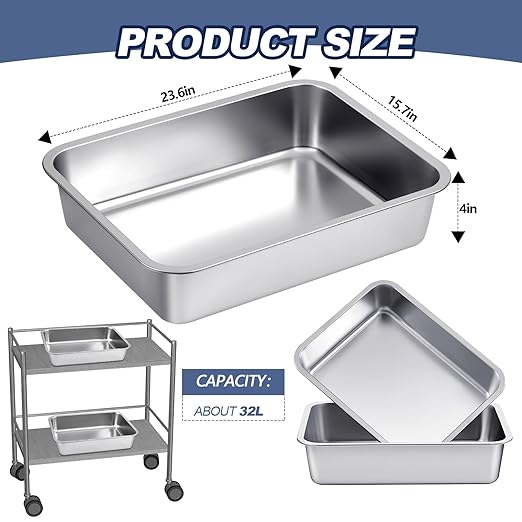 2 Pack Stainless Steel Commercial Bus Tubs Food Grade Meat Processing Tubs Lug Wash Basin Tote Box for Dishwashing, Kitchen, Restaurant, Utility (32 L)