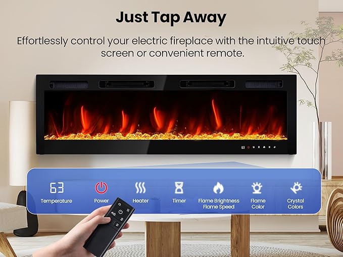 RealSmart Electric Fireplace Heater Inserts 60" Wall Mounted Electric Fireplace 750W/1500W in-Wall Recessed Heaters with Remote Control,Fit for 2 X 6 stub,12 Adjustable Color Flame & Brightness,Timer
