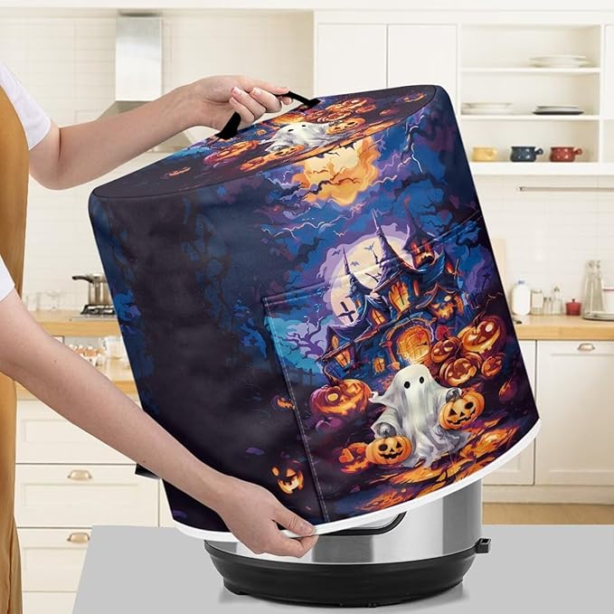 Halloween Theme Kitchen Appliance Decor 6 Quart Pressure Cooker/Air Fryer/Rick Cooker Dust Cover with Top Handle and Storage Pocket Halloween Castle Ghost Print
