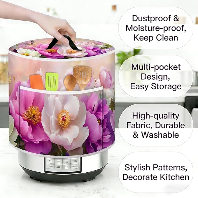 Rice Cooker Cover, Dust Cover for Kitchen Appliances with Handle and Storage Pocket, Easy to Clean Kitchen Decor Gift, Fits 3-6-8 Quart Instant Pot, Slow Cooker and Air Fryer
