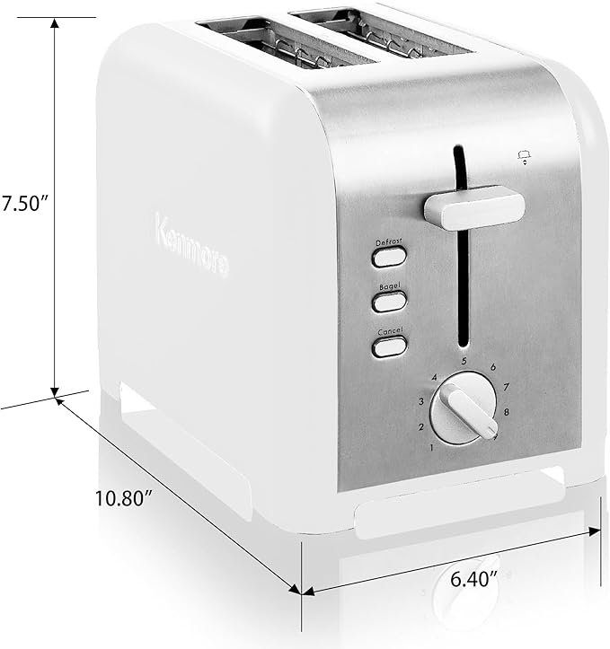 Kenmore toaster 2 slice - extra wide slot countertop kitchen appliance, defrost function, tostador de pan, 9 shade settings, easy clean crumb tray, bread bagel, stainless steel & White