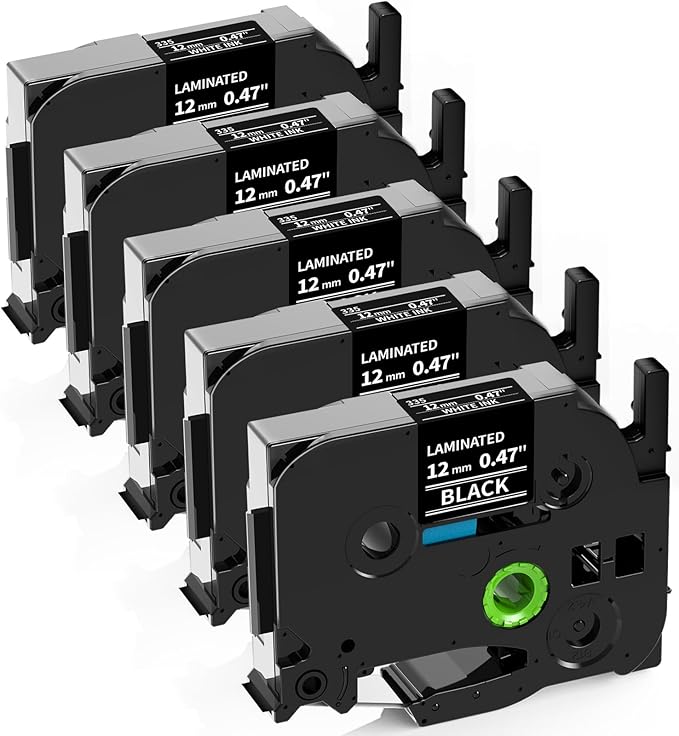 Labelife Black Label Tape TZe-335 Replacement for Brother P Touch Label Maker Tape White on Black TZe TZ Tape 12mm 0.47 Laminated Black Label Tape TZe335 for Brother PT-D220 PT-D210 PT-H110, 5-Pack
