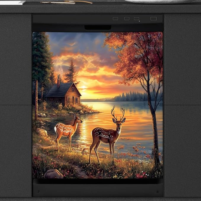 Sunset Deer Dishwasher Magnet Cover Animal Deer Front Dishwasher Cover Decoration Winter Reusable Magnetic Door Cover Forest Panel Decal Home Appliances Stickers Kitchen Refrigerator Fridge 23"x 26"