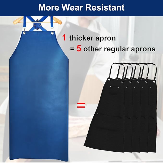 Heavy Duty Vinyl Industrial Anti-Tear Apron, 43" x 26" Waterproof, Chemical Resistant, Blue, Unisex-Adults