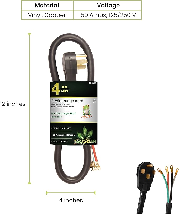 GoGreen Power (GG-27204) 4' 4-Wire Range Cord, 50 Amp, 4 Ft.