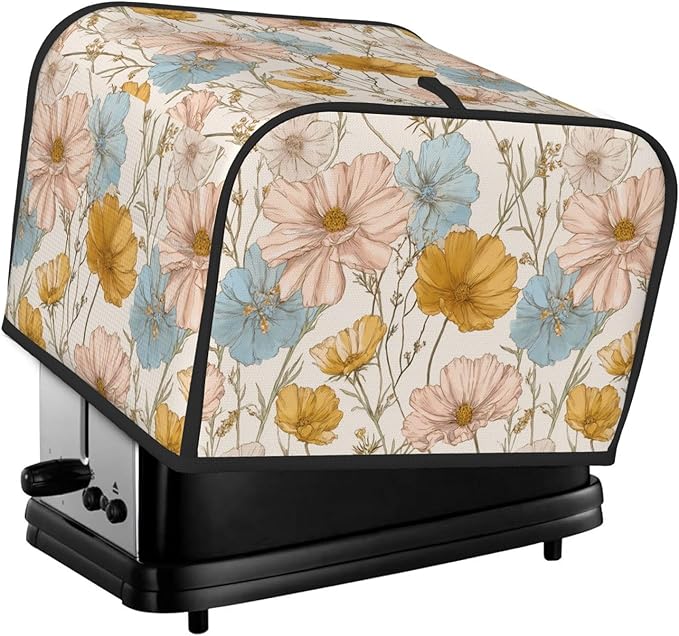 4 Slice Toaster Cover for Kitchen Vintage Flower Botanical Waterproof and Dustproof Toaster Dust Cover with Side Pockets Decorative Universal Cover for Wide Slot Toasters and Small Appliances