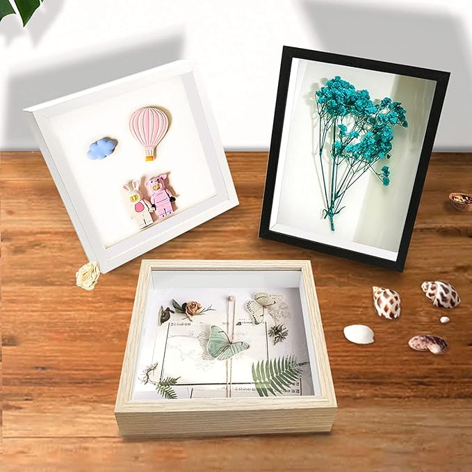 8x8 Shadow Box Frame Display Case, Display Case Box for Memorabilia, Medal, Crafts,Tickets and Photos, Picture Frame for Wall and Tabletop (2pcs-Black, 8x8)