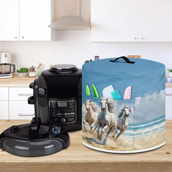 TODIYADDU Prancing White Horse Pressure Cooker Cover with Handle Fashion Kitchen Appliance Dust Covers for Instant Pot Portable Air Fryer Dust Cover Round Protective Cover Bag Trendy Home Decor