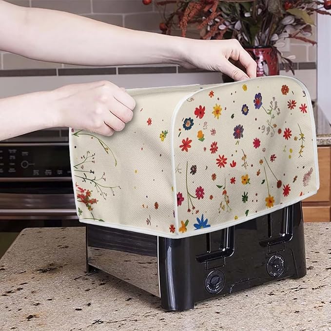 Flower Field Print Toaster Cover Washable 2 Slice Bread Maker Protector Oven Dust Cover for Small Kitchen Appliances Anti Fingerprint