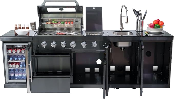 104 Inch Deluxe Stainless Steel Propane Gas Outdoor Kitchen Island Grill - 4-Burner 72000 BTU, 4 modular units for flexible and versatile combinations, Black