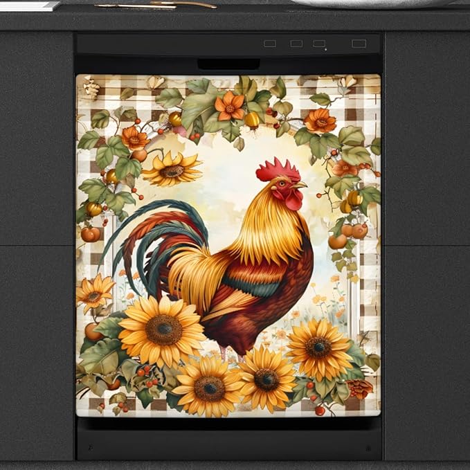 Rooster Sunflower Cute Flowers Dishwasher Magnet Cover, Reusable Refrigerator Panel Stickers Microwave Front Door Covers Magnets for Kitchen Home Appliances Holiday Party Decorations 23 X 26 in