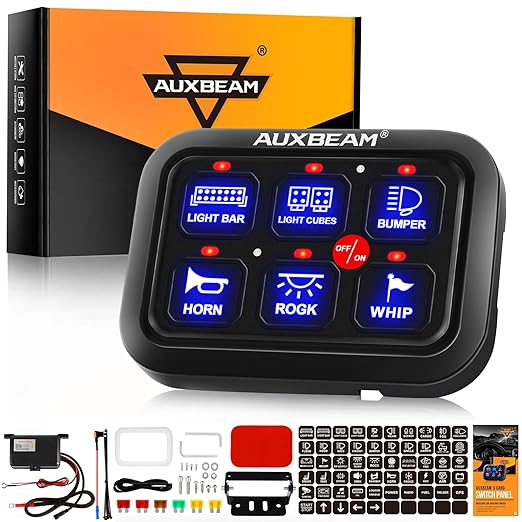 Auxbeam 6 Gang Switch Panel BC60, Universal Circuit Control Relay System Box with Automatic Dimmable On-Off LED Switch Pod Touch Switch Box for Car Pickup Truck UTV ATV Boat, 3 Years Warranty, Blue