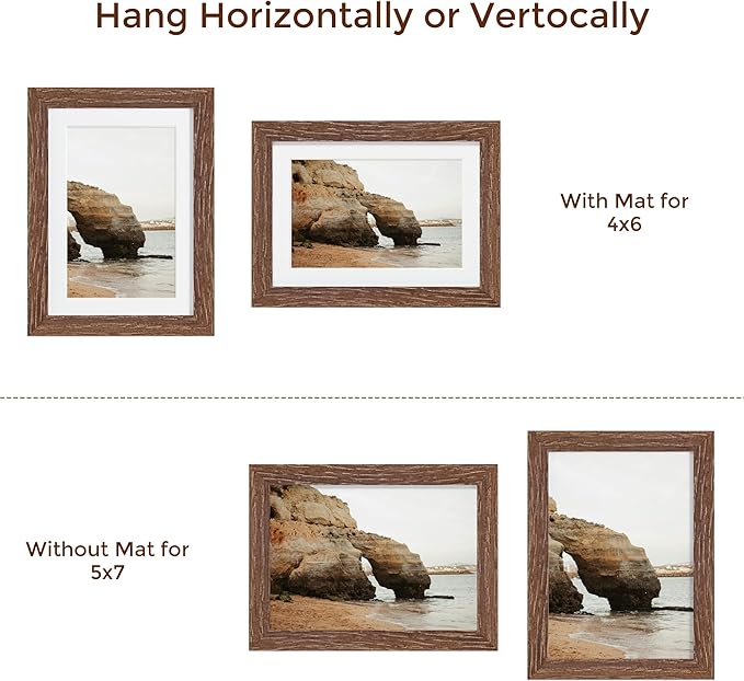 Fun Memories 5x7 Picture Frame, Solid Oak Wood 5 x 7 Frame with Plexiglass, 5 by 7 Photo Frame for Wall & Tabletop Display, 5x7 Picture Frame Matted to 4x6, Walnut Color, 3 Pack