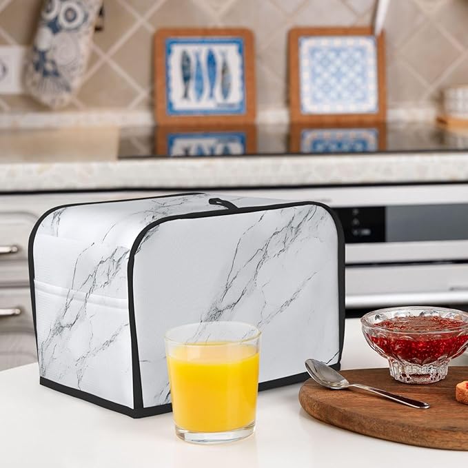 2 Slice Toaster Cover for Kitchen Marble White Gray Waterproof and Dustproof Oxford Fabric Toaster Dust Cover with Side Pockets Decorative Universal Cover for Wide Slot Toasters and Small Appliances