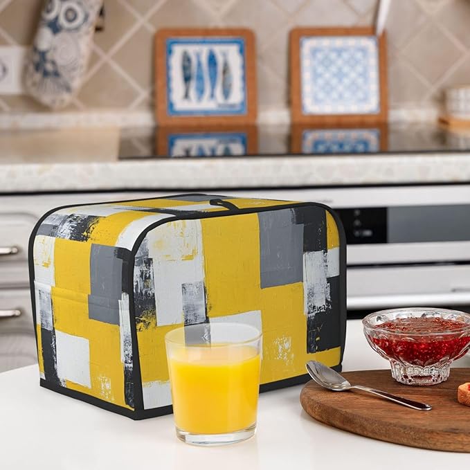 2 Slice Toaster Cover for Kitchen Yellow White Modern Art Waterproof and Dustproof Toaster Dust Cover with Side Pockets Decorative Universal Cover for Wide Slot Toasters and Small Appliances