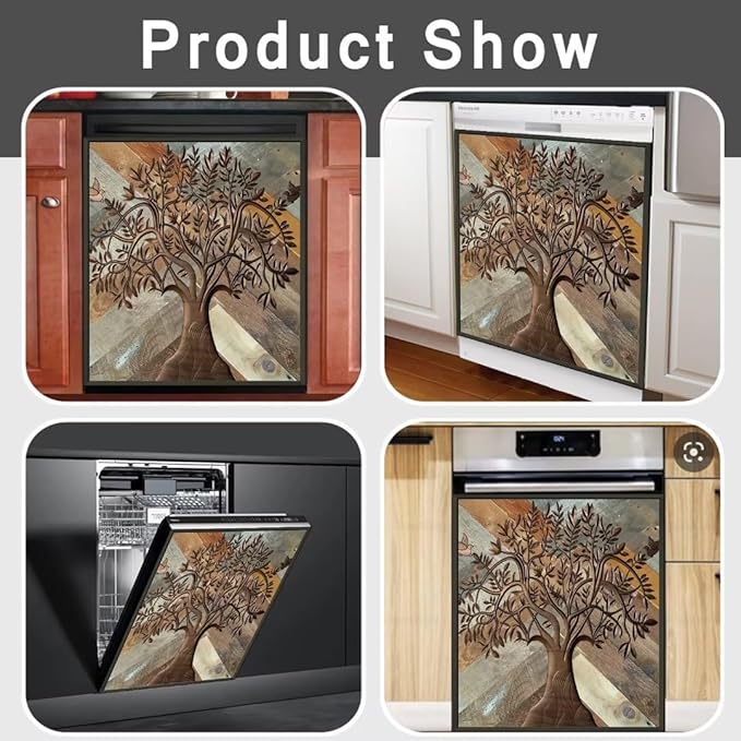 Stainless Steel Tree of Life Dishwasher Cover for Front, Wooden Door Refrigerator Cover Skin Decor, Birds Dishwasher Panel Decal, Ordinary 23" x 26"