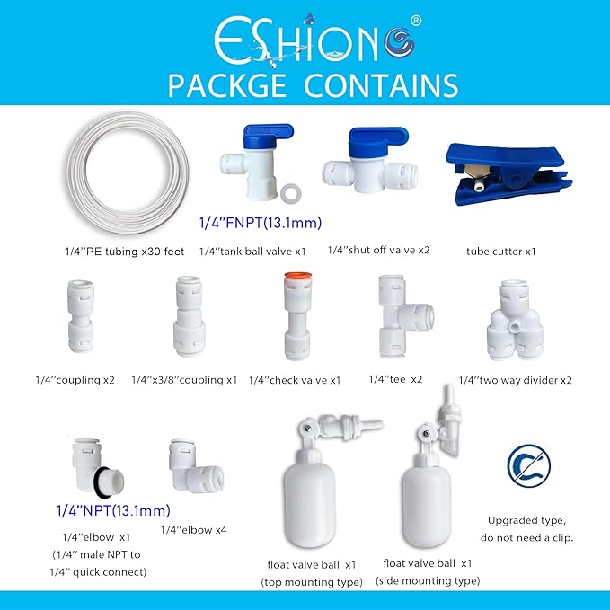 NSF Certified 1/4" O.D. Push to Connect Fittings for RO (Reverse Osmosis) Water Filter（with water float ball valve）19 pcs+30 feet 1/4" Water tubing.