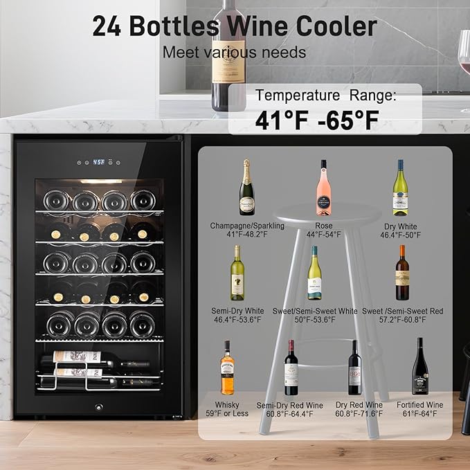 Tylza 24 Bottles Wine Fridge, Wine Cellar with Powerful Compressor, LED Touchscreen, Low-E Tempered Glass Door, Lock, Wine Cooler Refrigerator for Red, White, Champagne or Sparkling Wine, Black