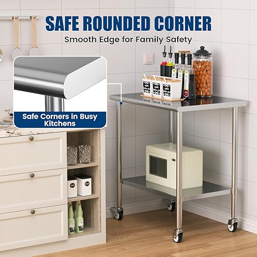 Stainless Steel Work Table with Wheels, 24x36 Inch NSF Kitchen Prep Table with Adjustable Undershelf for Commercial Restaurant, Garage, Outdoor BBQ