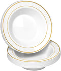 100 Disposable White Gold Trim Plastic Soup Bowls | 14 oz. Premium Heavy Duty Disposable Dinnerware with Real China Design | Safe & Reusable and Great for Parties or Weddings. (50-Pack) Gold