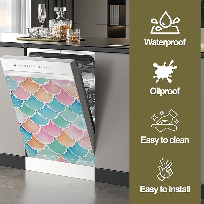 Dishwasher Magnet Cover,Mermaid Scale Colorful Dishwasher Cover Magnetic Home Appliances Refrigerator Decorative 23" x 26"
