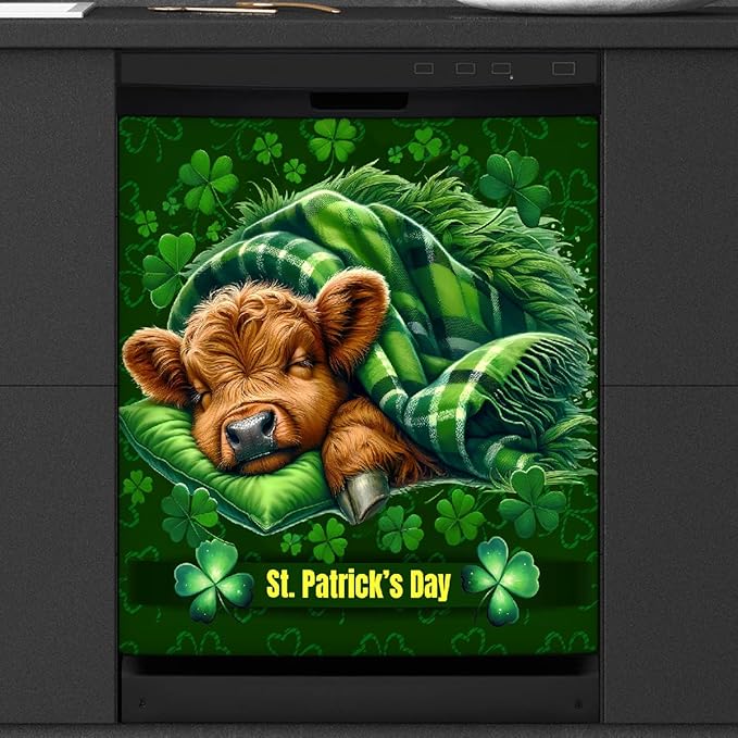 St Patrick Green Highland Cow Dishwasher Magnet Cover Magnetic Dishwasher Decorative Cover Front Dishwasher Door Covers Reuseable Dishwasher Covers Decal for Kitchen Home Decorative
