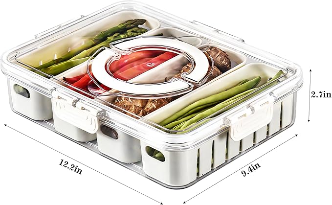 2Pack Divided Veggie Tray with Lid and Handle 4 Compartment Serving Tray with Dividers Portable Travel Snack Storage Containers Stackable Snackle Box Charcuterie Container for Fruit,Vegetable,Salad