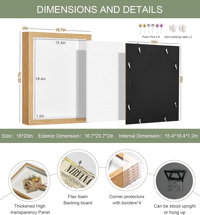 16x20 Shadow Box Display Case Picture Frame with Soft Linen Back, Large Wood Color Shadow Box 16x20 for Flowers Medal Display Case Jersey pet Graduation Memorabilia Baby Ltems Crafts Photos