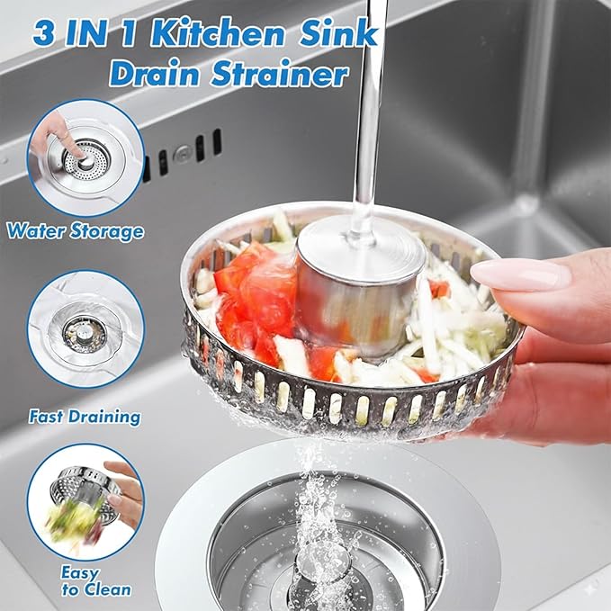 3 in 1 Kitchen Sink Drain Strainer, Pop Up Sinks Stopper with Anti-Clogging Basket, Plug for Drains Strainers, Stainless Steel Food Catcher, Fast Drainage Odor Filter for US Standard 3-1/2" Drains