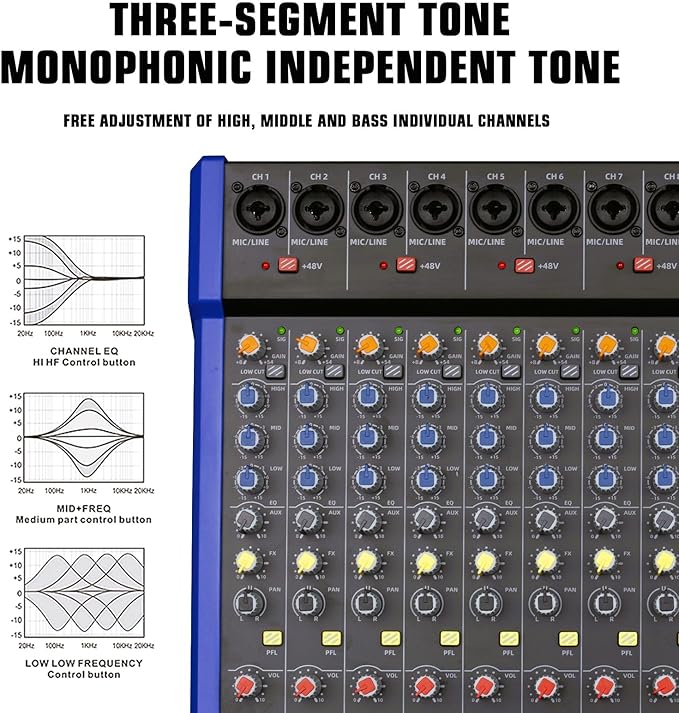 14-Channel Audio Sound Mixer Board, Bluetooth Studio Mixing Console XLR Microphone Jack 99 DSP DJ Mixer Audio Reverb Effect +48V Phantom Mixer For Karaoke Studio Streaming Recording