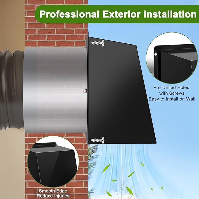 10 Inch Hooded Wall Vent, Dryer Wall Vent Cover Outside with Screen & Damper, Hooded Wall Exhaust Vent Cover, Outdoor Air Vent Cap for Range Hoods/Kitchen/Bathroom/Laundry/Basements/Garages, Black