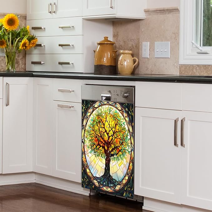 Tree of Life Spring Dishwasher Magnet Cover Rainbow Tree of Life Glass Dishwasher Decorative Cover Front Dishwasher Door Cover Reuseable Dishwasher Cover for Kitchen Home Appliances 23" X 26"