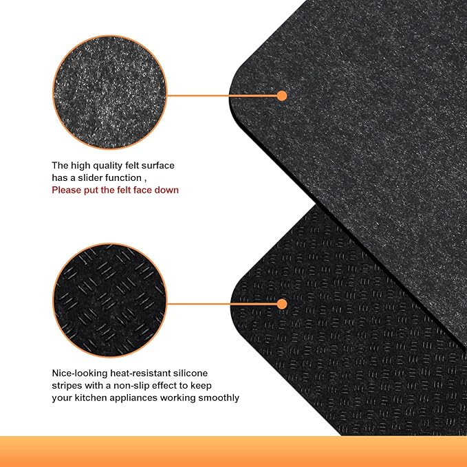 2 Pcs Heat Resistant Mat for Air Fryer, Coffee Maker, Toaster - Black Rectangular Felt & Silicone Countertop Protector with Sliding Function