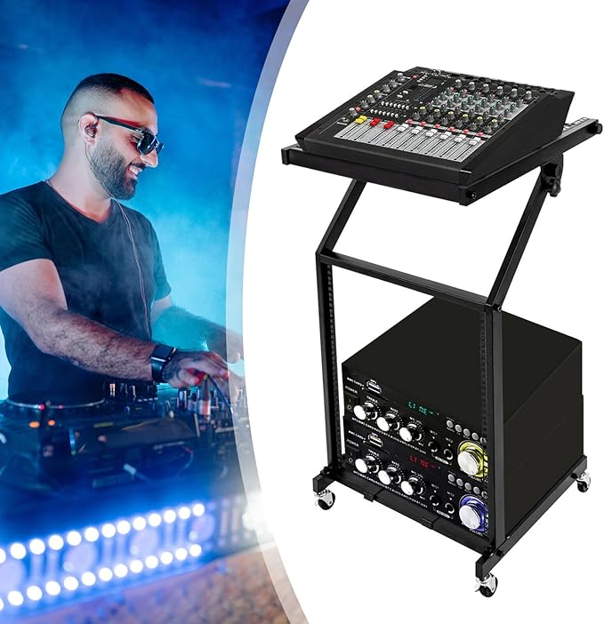 9U/12U/16U DJ Mixer Stand Adjustable Rack, Rack Mount Mixer Case Stand Studio Equipment Cart Stage Amp DJ Rolling (12U)