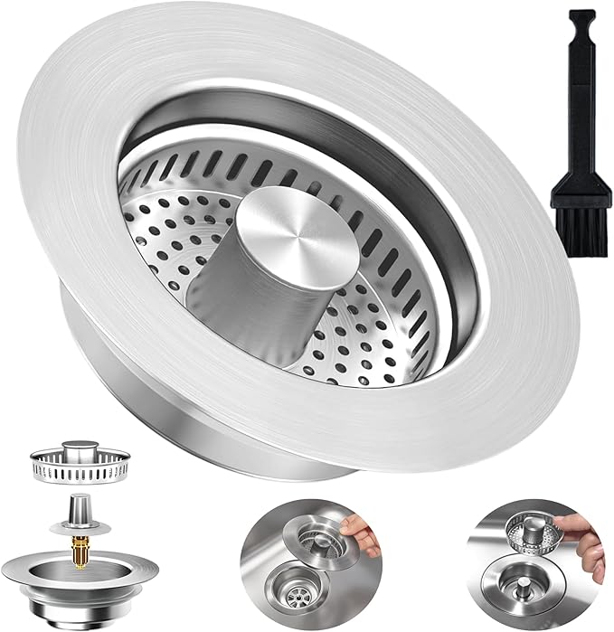 3-in-1 Kitchen Sink Drain Strainer Stopper, Upgraded Stainless Steel Sink Plug with Anti-Clog Filter Basket, Fits Standard 3-1/2 Inch Drain Hole, Pop Up Garbage Disposal Cover Food Catcher