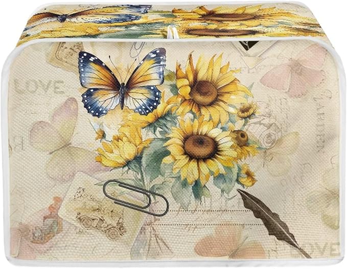 Vintage Butterfly Sunflower 2 Slice Toaster Cover - Bread Machine Dust Cover Protection, Stain Resistant with Handle Keep Clean
