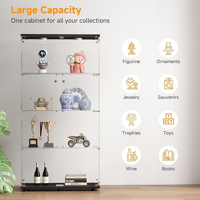 Tempered Glass Display Cabinet with Lights, 4-Tier Curio Cabinet with Glass Doors and Lock, Glass Display Case for Collectibles, for Living Room, Bedroom, Office, Black, Double Door