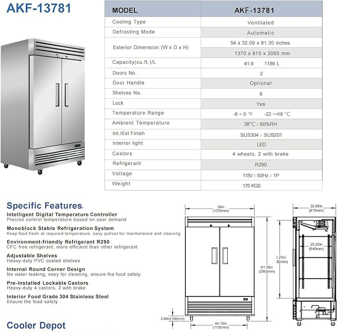 Commercial Freezer 2-Doors Solid Upright Reach in Two Section Stainless Steel NSF Certified 54" Width, Capacity 47Cuft, Restaurant Quality Kitchen -8°F Cold AKF-13781