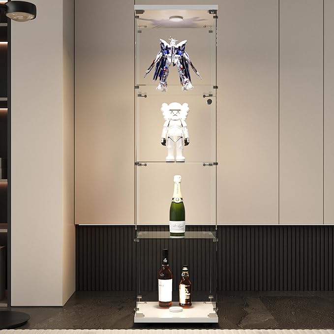 4-Shelf LED Lights Glass Display Cabinet, Floor Standing Glass Curio Cabinet with Door & Lock, Toys & Trophy Display Case for Living Room, Bedroom & Exhibition Hall (White)