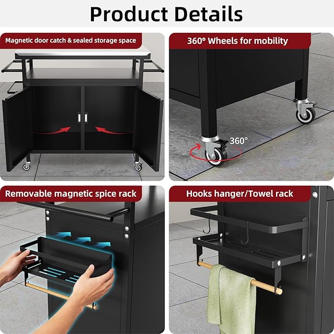 Outdoor Grill Cart Bar Cart with Storage Cabinet for Grilling Accessories, XL Portable Outdoor Grill Table with Stainless Steel Top for Kitchen Prep, Lawn & Garden（Black）