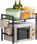 Microwave Stand Countertop, 2-Tier Adjustable Metal Oven Rack with 4 Hooks, Heavy Duty Carbon Steel Organizer Shelf for Microwave/Oven/Toaster, Kitchen Storage (Black, 2-Tier)