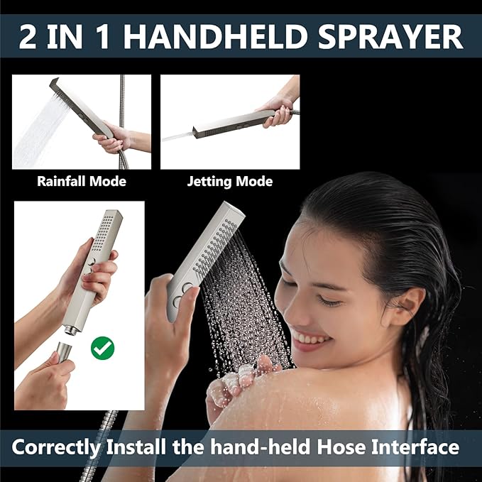 Aolemi Shower Faucet Set Ceiling Mount Shower System Rough-in Valve and Shower Trim Kit 2 in 1 Handheld Spray Push Button Diverter 16 and 6 Inch Dual Shower Head Brushed Nickel